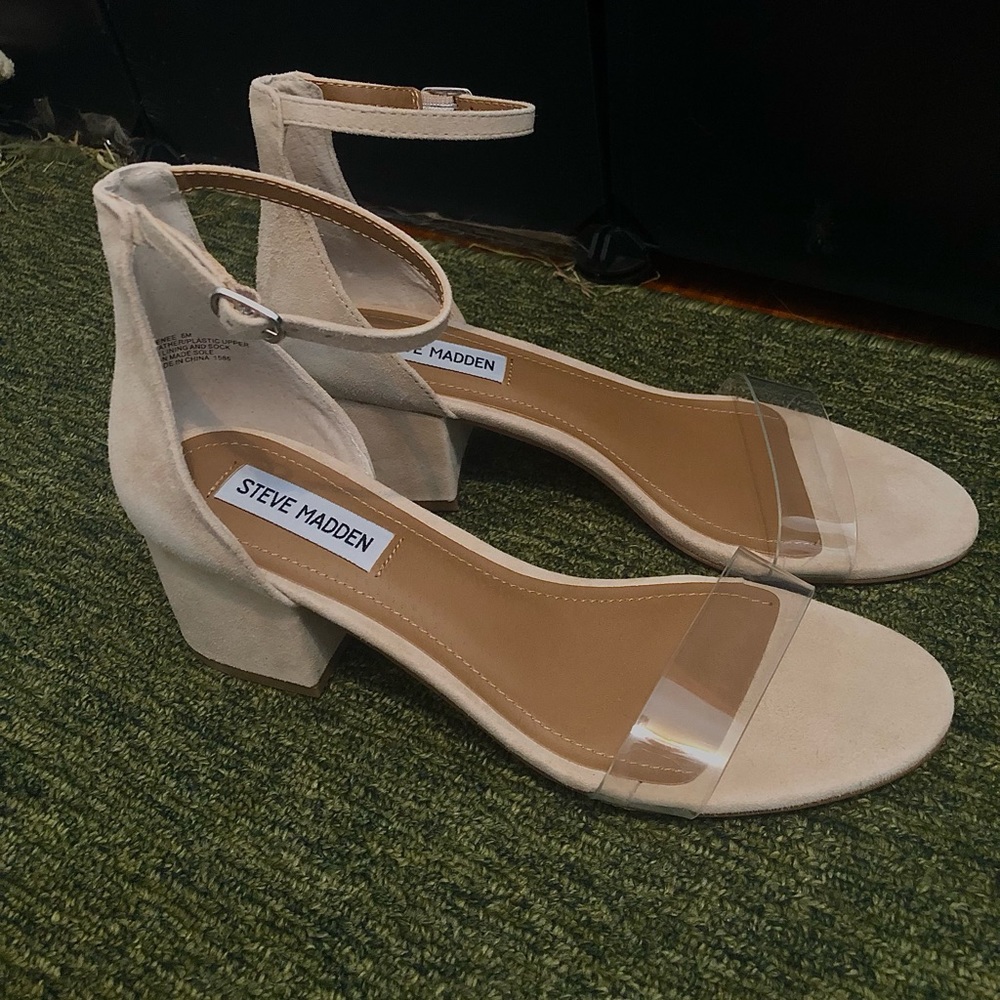 Steve Madden Irene Sandals Suede and Transparent Clear plastic 8M Low Block Heel